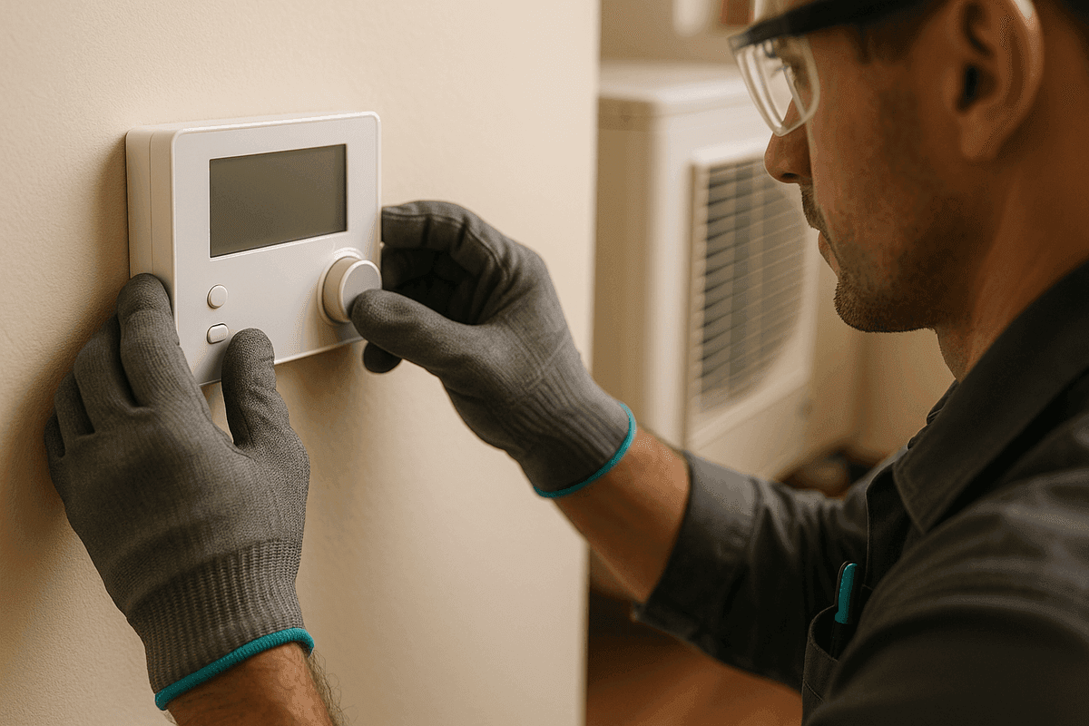 Close-up of technician’s gloved hands adjusting modern thermostat indoors
