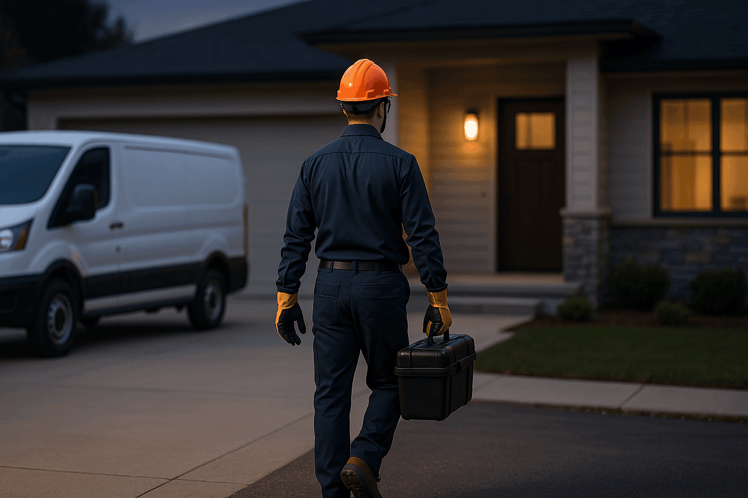Technician arriving at home for emergency HVAC repair at night