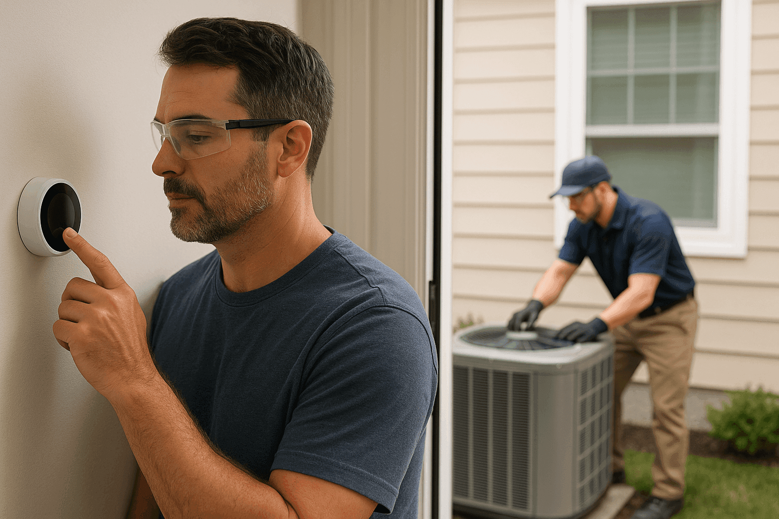 Homeowner checking AC thermostat while technician inspects unit