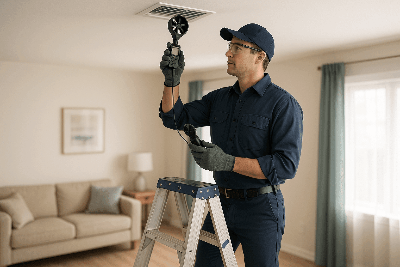 Technician measuring airflow at a ceiling vent with anemometer