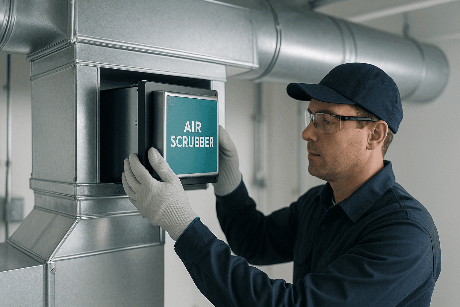 Technician installing air scrubber in HVAC ductwork