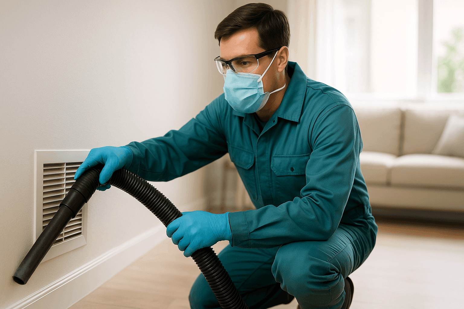 Technician vacuuming dust from home air ducts for allergy relief