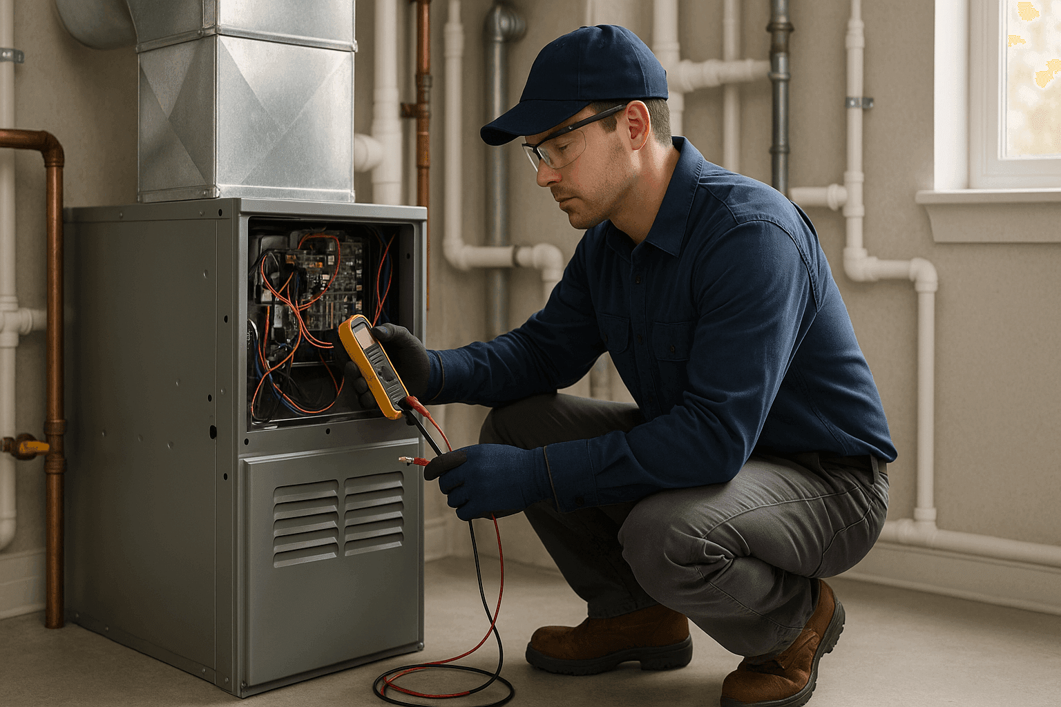 Technician checking HVAC system safety features in utility room