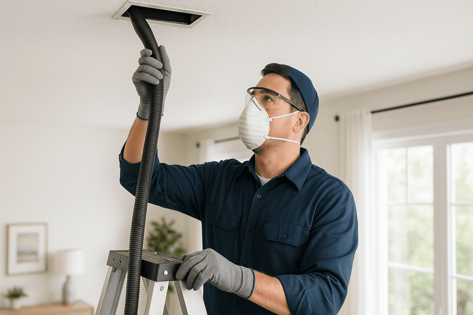 Technician cleaning air ducts in ceiling with vacuum tool