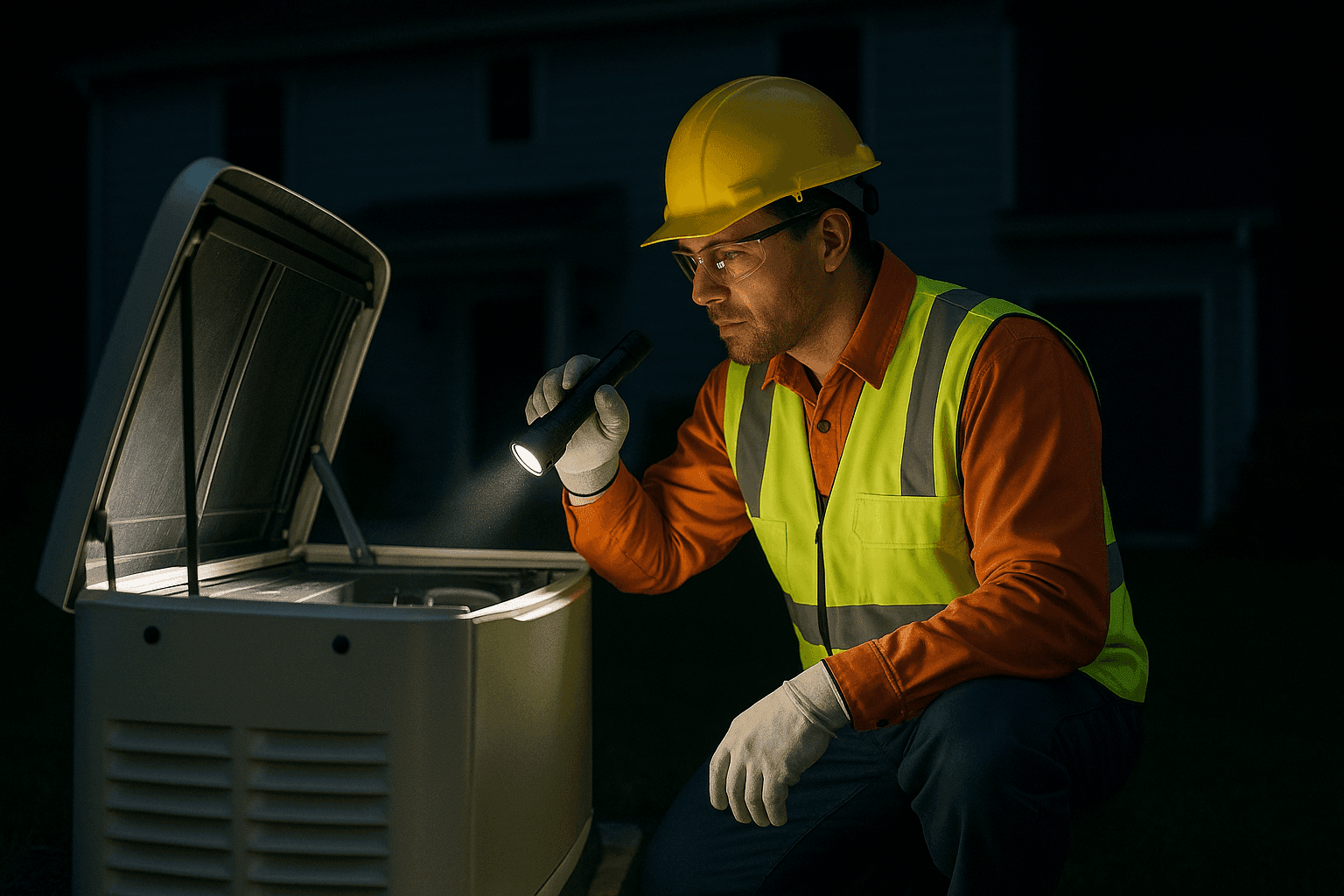 Technician checking generator during home power outage at night