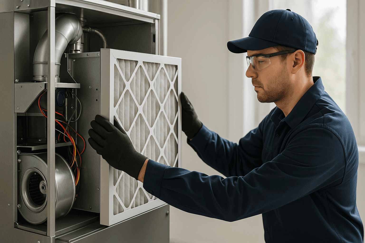 Technician upgrading HVAC unit with high-efficiency components