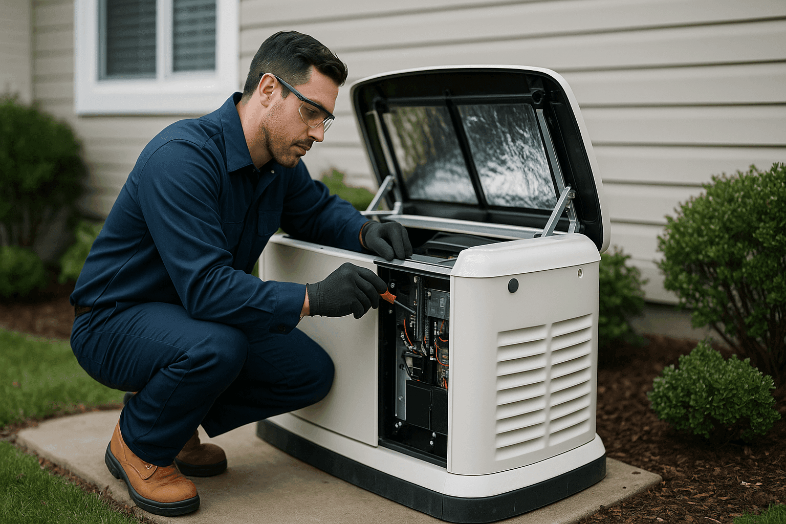 Technician checking backup generator outdoors at home