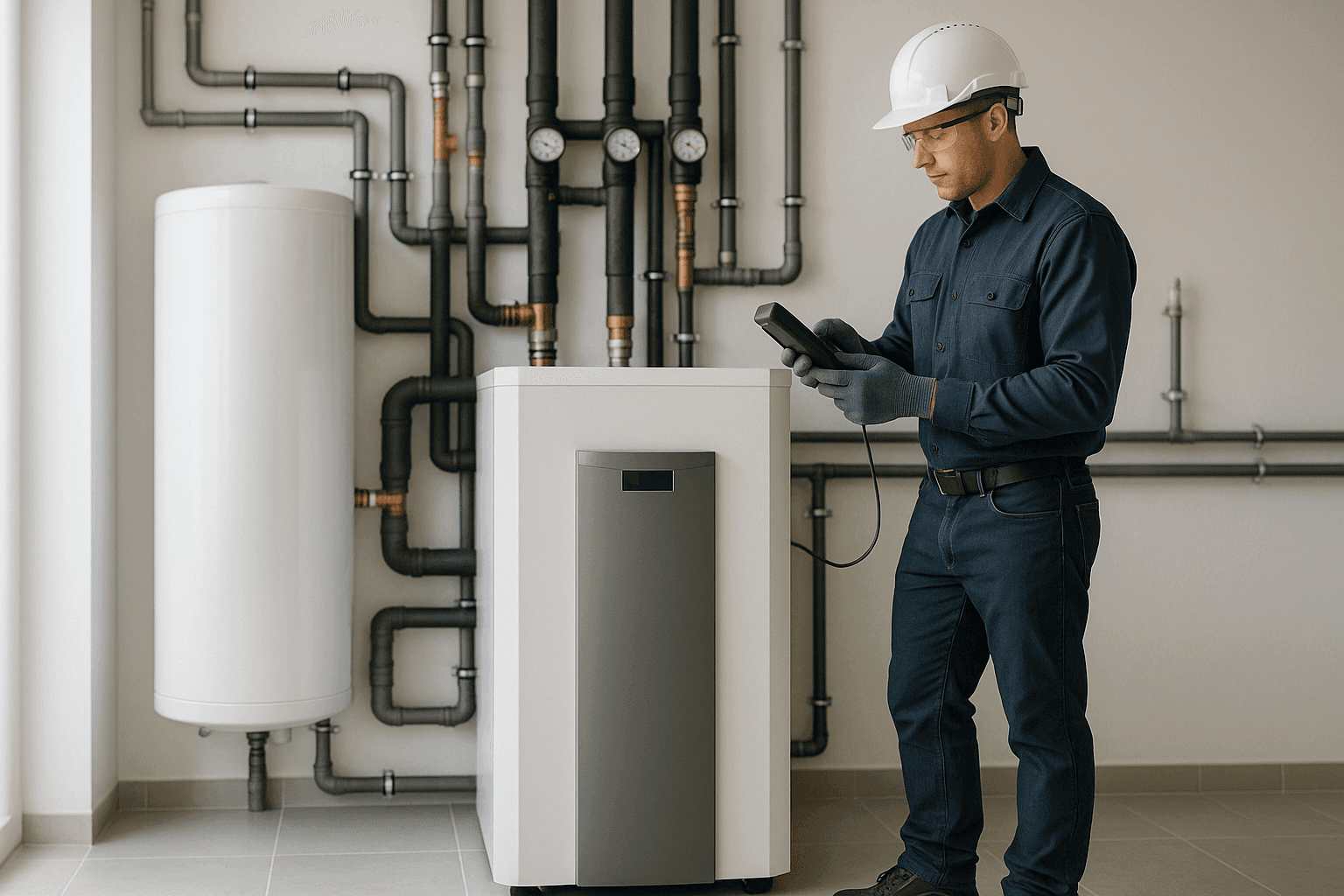Technician inspecting geothermal heat pump in utility room