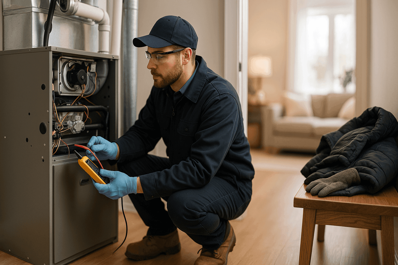 Technician tuning up furnace in winter-ready home