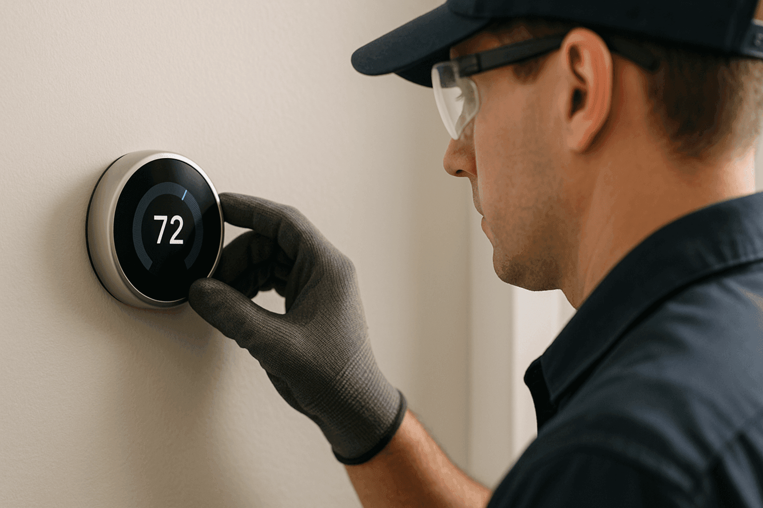 Closeup of smart thermostat on wall with technician adjusting settings