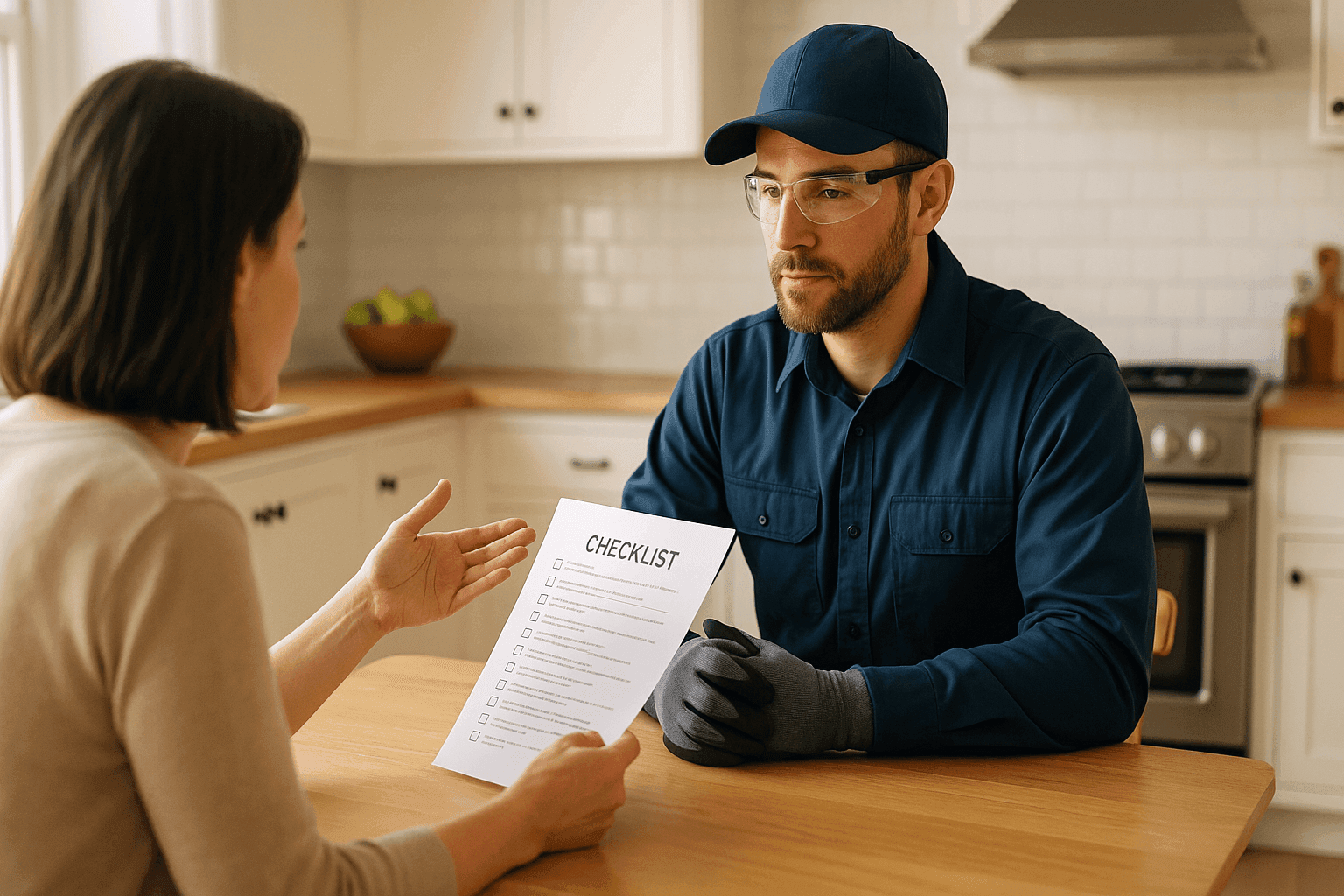 Homeowner interviewing HVAC contractor with checklist at kitchen table