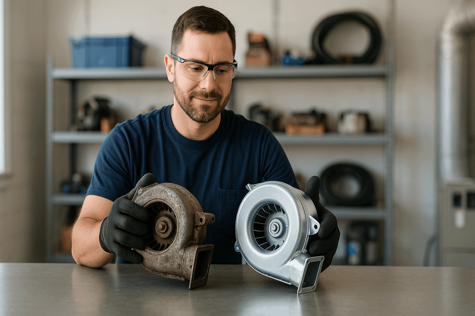 Technician evaluating old and new HVAC components side by side