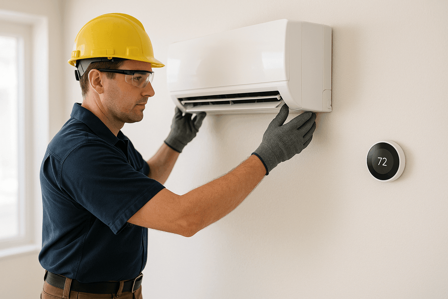 Technician installing mini-split unit on wall next to central AC controls