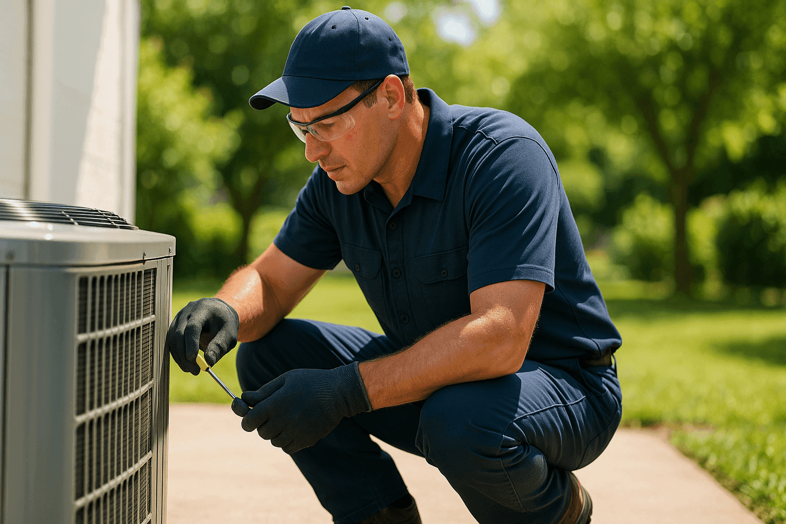 Technician servicing outdoor AC unit in summer heat