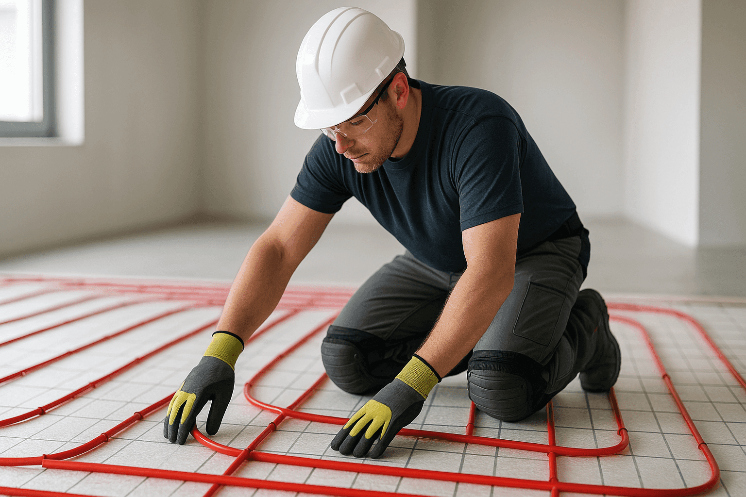 Technician installing radiant heating pipes under floor