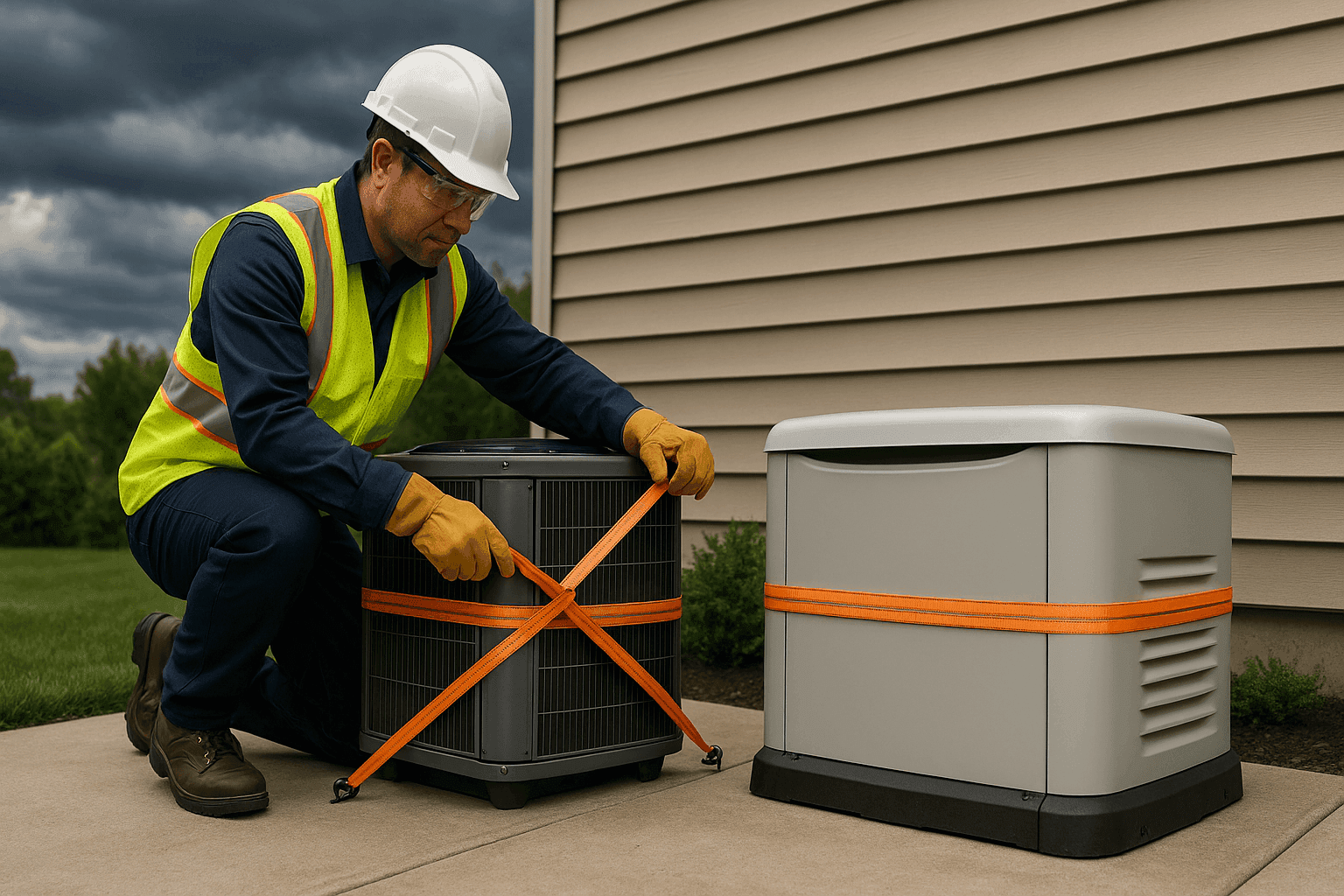 Technician securing outdoor AC and generator before storm