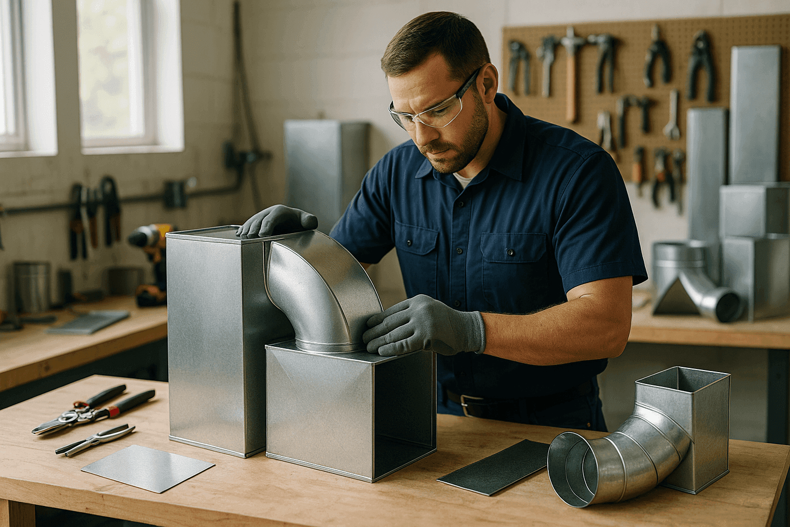 Technician assembling custom sheet metal ductwork in workshop