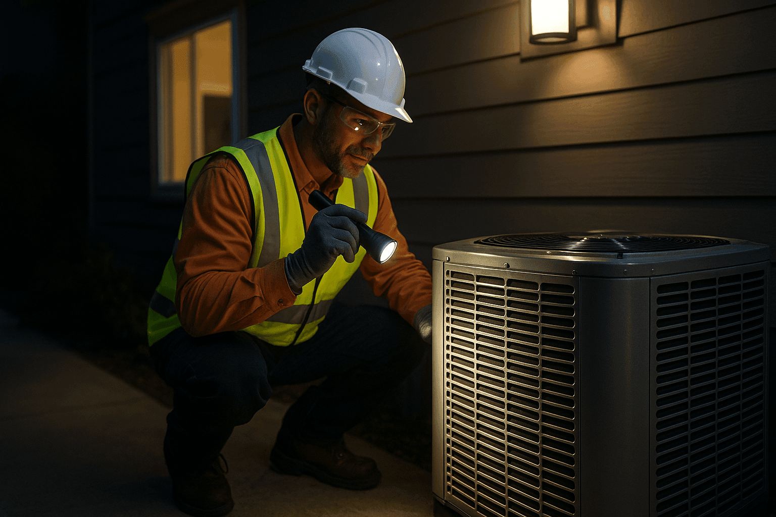 Technician responding to emergency HVAC call at night