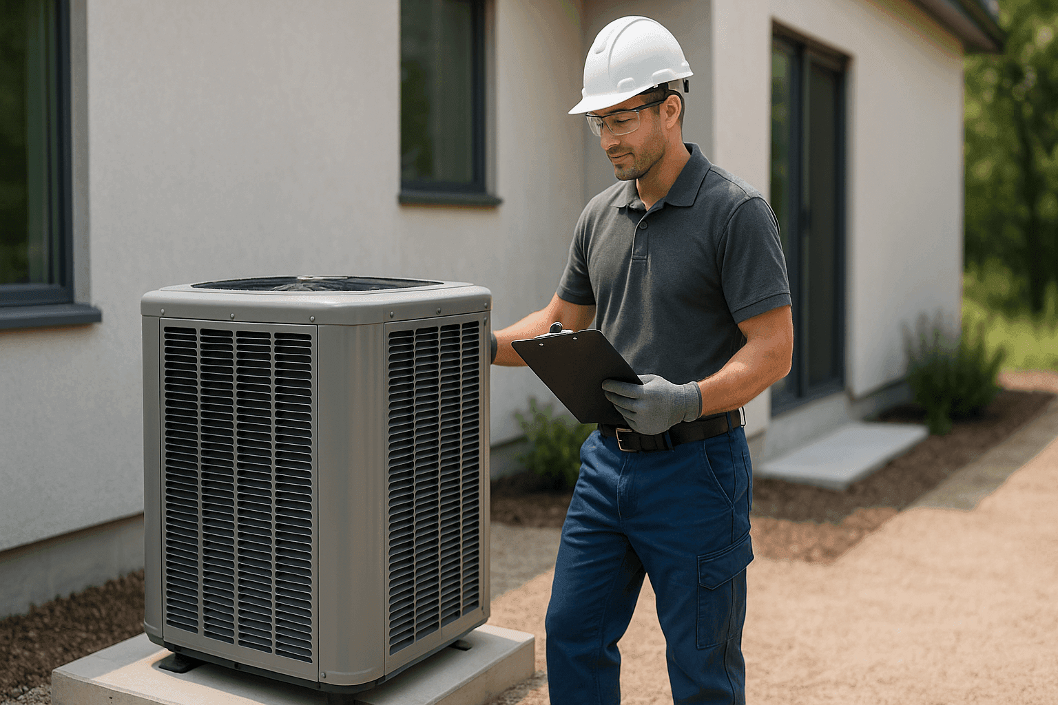 Technician preparing AC unit for installation with cost estimate clipboard