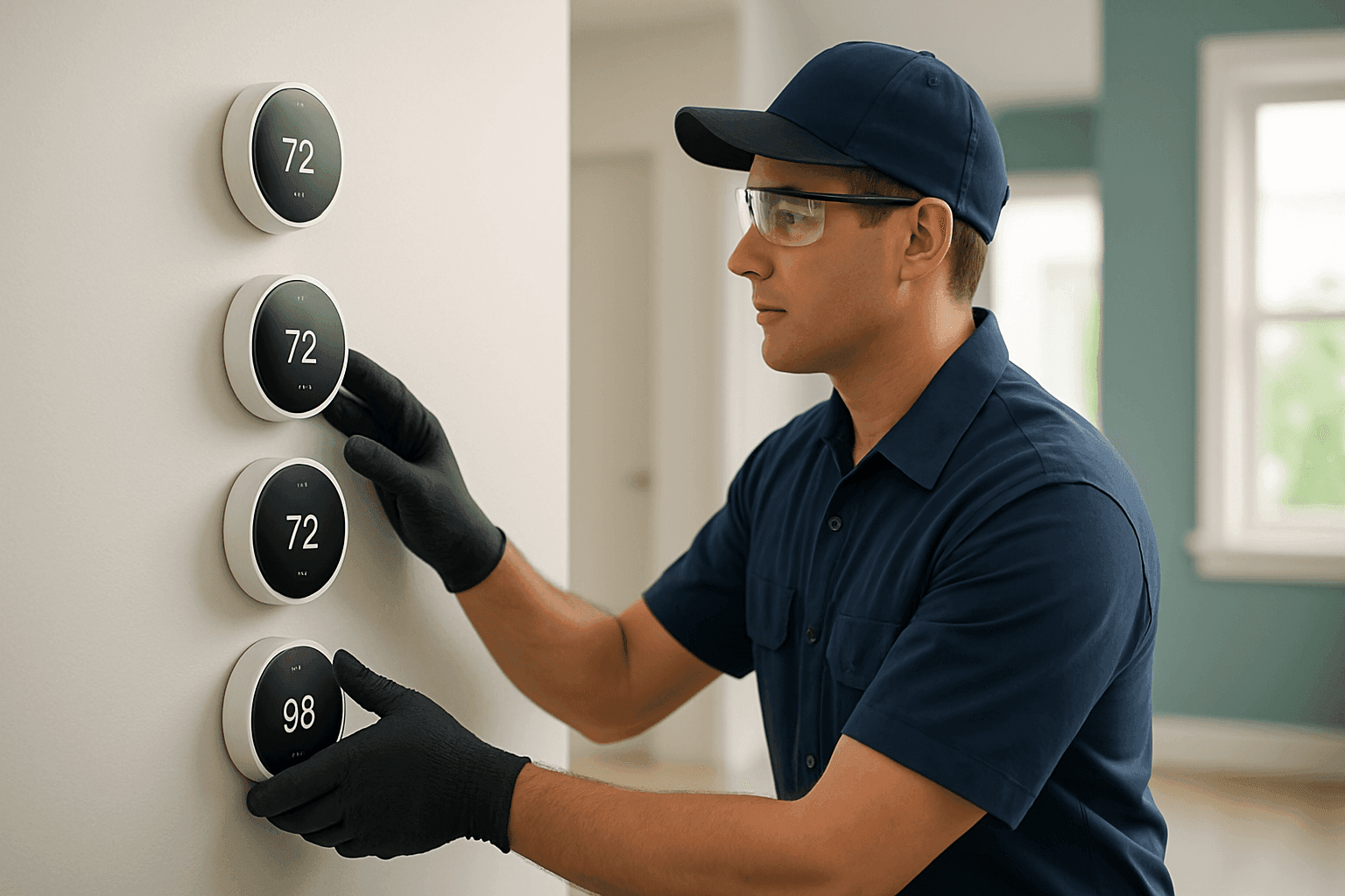 Technician adjusting multiple HVAC zone thermostats on wall