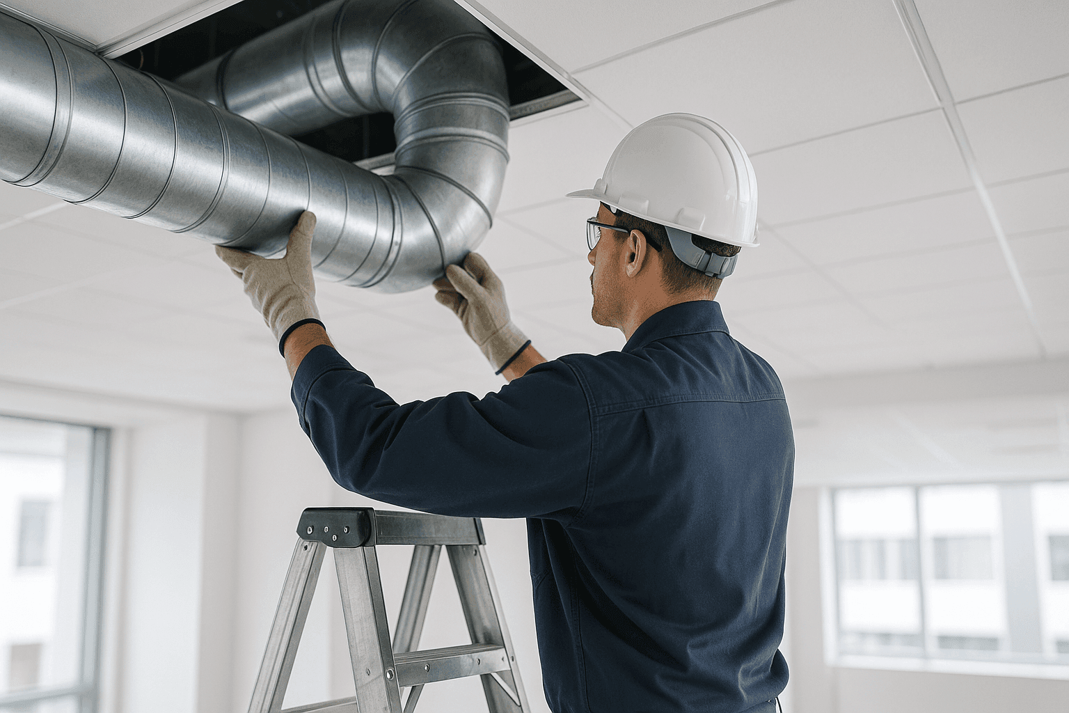 Technician inspecting ventilation system in ceiling