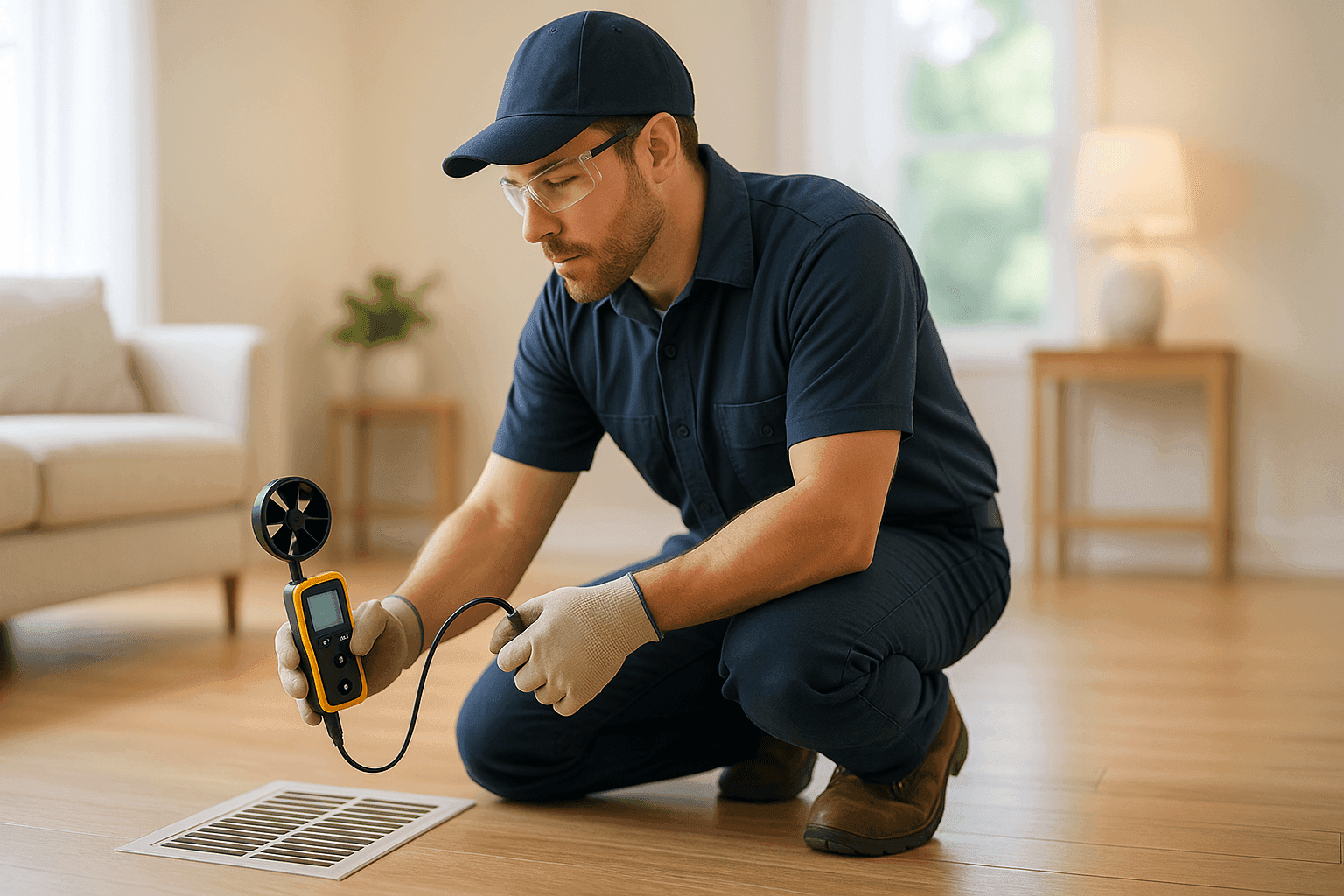 Technician measuring airflow at vent in living room