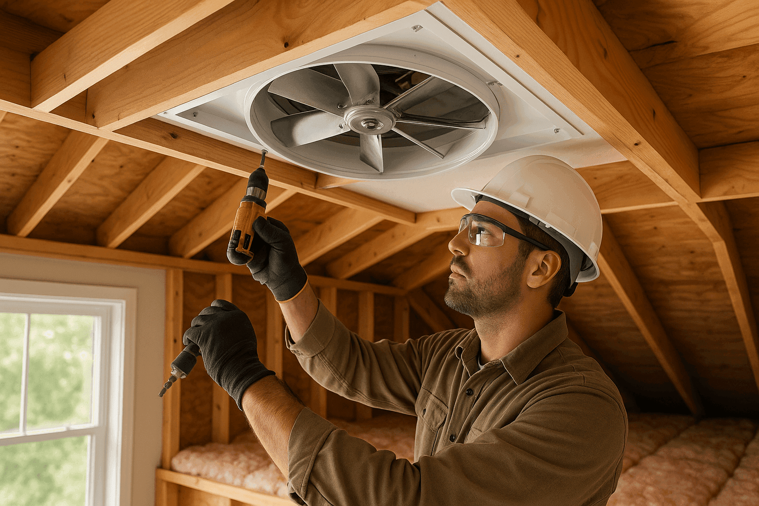 Technician installing a whole-house fan in attic ceiling